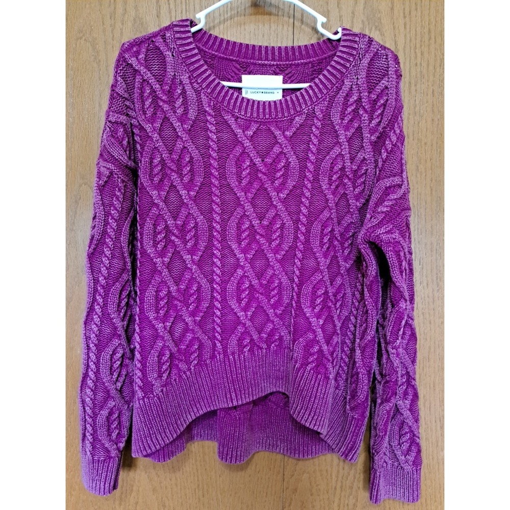 Lucky Brand Womens Purple Cable Knit Crewneck Sweater Size M Medium Cotton Top